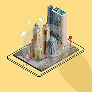 Flat 3d isometric map on tablet GPS navigation app