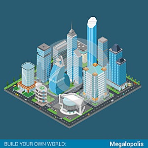 Flat 3d isometric megalopolis building street: skyscrapers mall