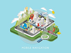 Flat 3d isometric mobile navigation illustration