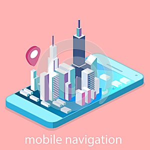 Flat 3d isometric mobile navigation maps info graphic with marker.