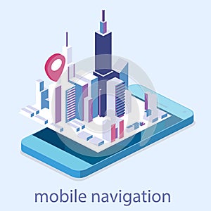 Flat 3d isometric mobile navigation maps info graphic with marker.