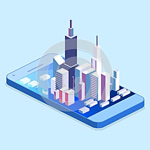 Flat 3d isometric mobile navigation maps info graphic with marker.