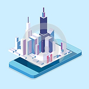 Flat 3d isometric mobile navigation maps info graphic with marker.