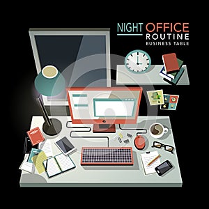 Flat 3d isometric night office routine illustration