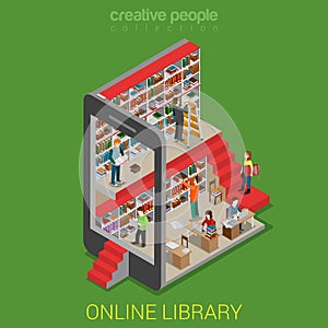 Flat 3d isometric online library lib tablet e-book reading book