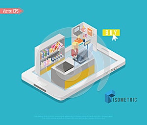 Flat 3d isometric online store e-commerce web infographic concept vector. Internet sale shopping cart, payment, checkout