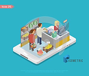 Flat 3d isometric online store e-commerce web infographic concept vector. Internet sale shopping cart, payment, checkout