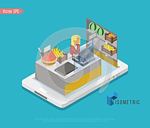 Flat 3d isometric online store e-commerce web infographic concept vector. Internet sale shopping cart, payment, checkout