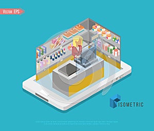 Flat 3d isometric online store e-commerce web infographic concept vector. Internet sale shopping cart, payment, checkout