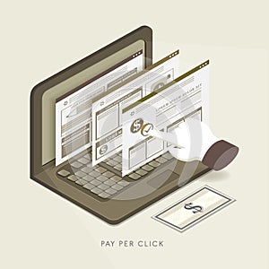 Flat 3d isometric pay per click concept illustration