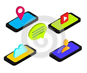 Flat 3d isometric phones with user interface development concept. Mobile Apps marketing Design.Vector Illustration.