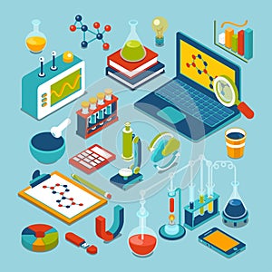 Flat 3d isometric science research objects icon set