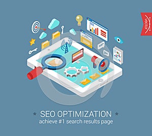 Flat 3d isometric seo optimization tablet computer template