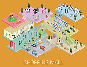 Flat 3d isometric shopping mall concept vector