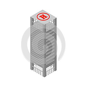 Flat 3d isometric skyscraper business center on the roof helipad. on white background. Vector illustration.