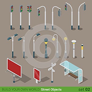 Flat 3d isometric street objects icon set