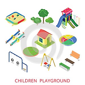 Flat 3d isometric style modern children playground icon set