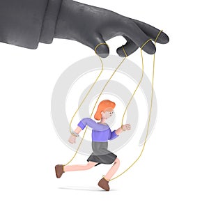 Flat 3d isometric style puppeteer business concept.3D illustration of man puppet and big managing hand.