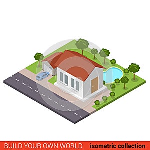 Flat 3d isometric suburb house garage backyard pool