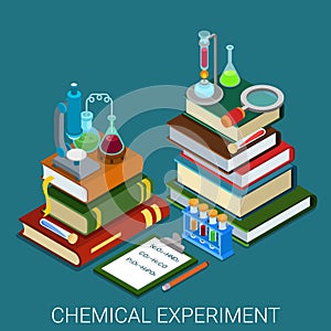 Flat 3d isometric vector chemical lab experiment research books