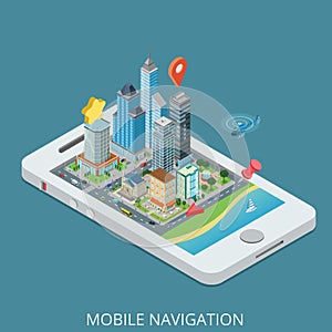 Flat 3d isometric vector city mobile navigation smartphone map pin