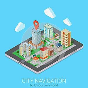 Flat 3d isometric vector city mobile navigation tablet map pin