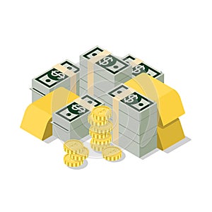 Flat 3d isometric vector heap dollar banknote coin golden web