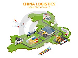Flat 3d isometric vector illustration. Global shipping and logistics infographic. Distribution of goods all over the