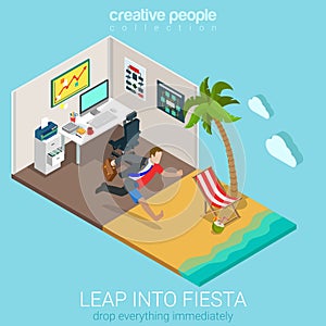 Flat 3d isometric vector leap into fiesta office tropical beach