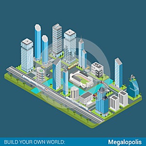 Flat 3d isometric vector megalopolis city skyscrapers office