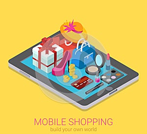 Flat 3d isometric vector mobile shopping infographic consumerism