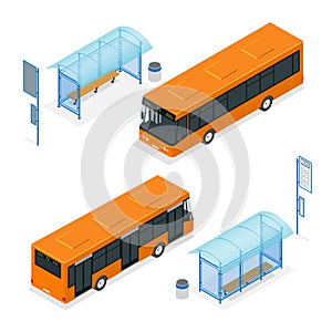 Flat 3d vector Isometric illustration of a bus and bus stop. Public transportation