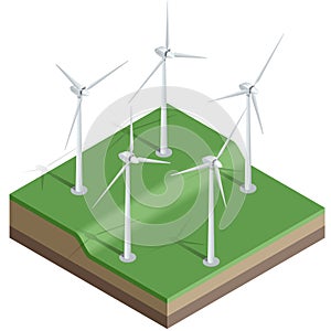 Flat 3d Vector isometric illustration. Wind turbines. Wind energy. Eco energy