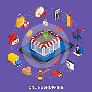 Flat 3d web isometric e-commerce, electronic business, online shopping, payment, delivery, shipping process, sales