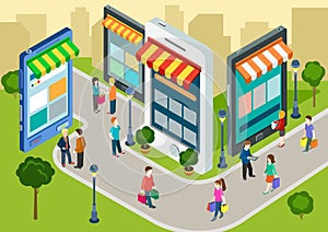 Flat 3d web isometric mobile shopping, sales infographic concept