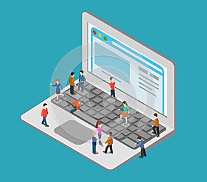 Flat 3d web isometric people oversize laptop infographic concept