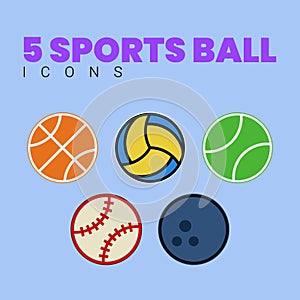 Flat 5 Sports Balls Vector Icon Illustration