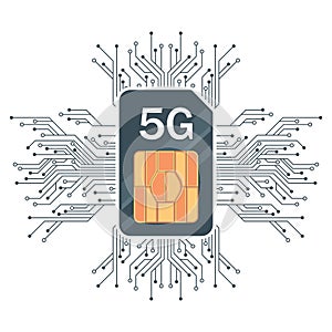 Flat 5G Sim Card echnology background, with microelectronics