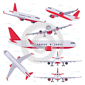 Flat airplane. Aircraft flight travel, aviation wings and landing airplanes isolated vector illustration