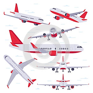 Flat airplane. Aircraft flight travel, aviation wings and landing airplanes isolated vector illustration photo
