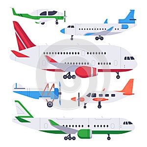 Flat airplanes. Aviation float airplane, private air plane and jet aircraft isolated vector illustration set