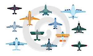 Flat airplanes. Top view of military jet aircraft and civil turbofan aviation planes, transport aviation. Vector