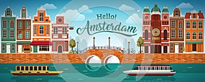 Flat Amsterdam panorama Holland, River sea canal channel bridge boat embankment bicycle multi color street.