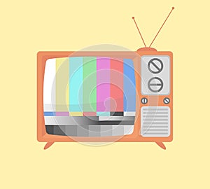 Flat analogue retro old tv with antenna cartoon. Television box for news and show translation. Clip art with contour for graphic