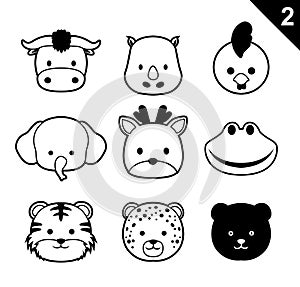 Flat Animal Faces Monochrome Icon Cartoon Vector Set 2 (Forest)
