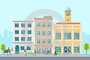 Flat apartment in town with people walking around.Town, leisure outside concept.Vector illustration.