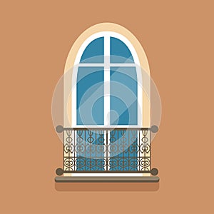Flat arched window and decorative facade cornice
