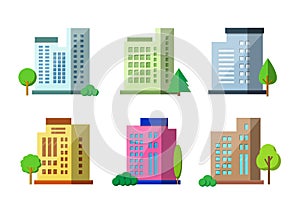 Flat architecture on white background, Colorful company building and tree vector set