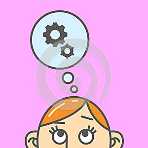 Flat art cartoon illustration of thinking gears