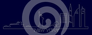 Flat artistic vector design of New York city buildings, skyscrapers, Statue of Liberty shape silhouettes drawn in minimalism slyle